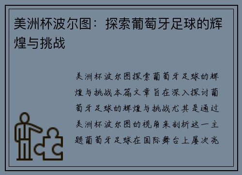 美洲杯波尔图：探索葡萄牙足球的辉煌与挑战