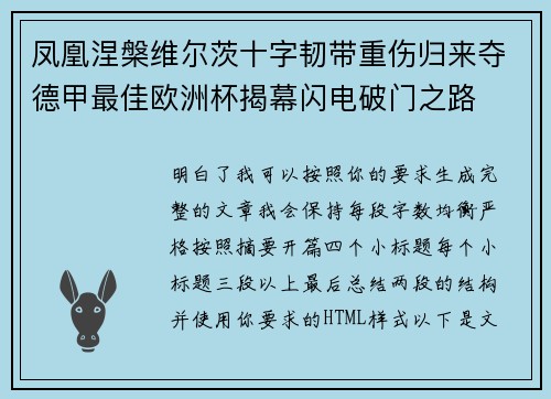 凤凰涅槃维尔茨十字韧带重伤归来夺德甲最佳欧洲杯揭幕闪电破门之路