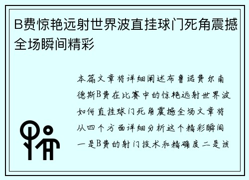 B费惊艳远射世界波直挂球门死角震撼全场瞬间精彩